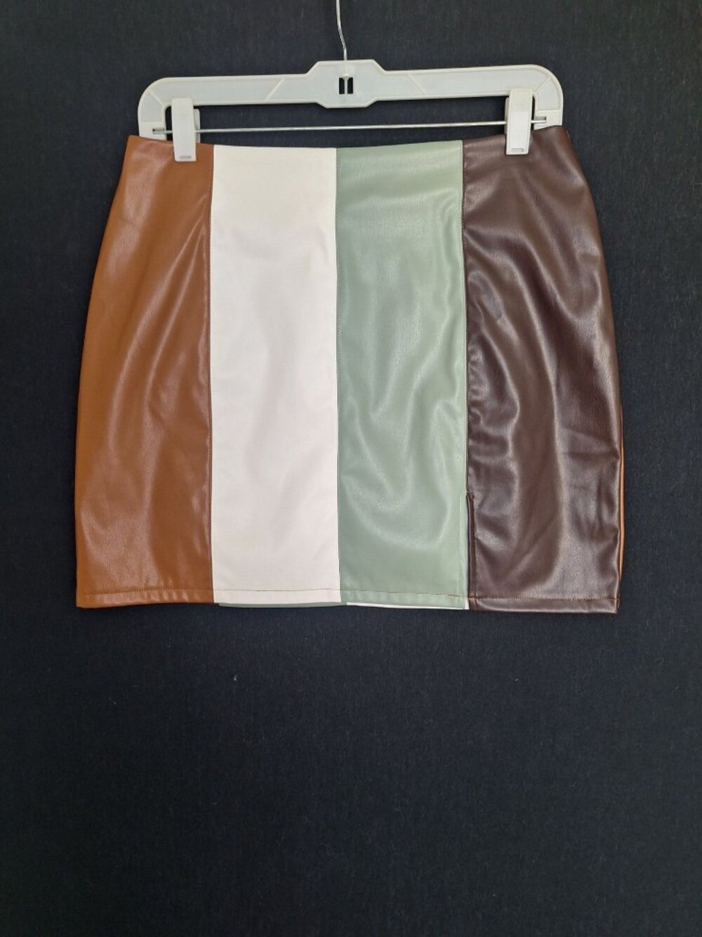 💙 Colorblock Faux Leather Mini Skirt High Waist Size L Y2K Panel Brown Green Cr
